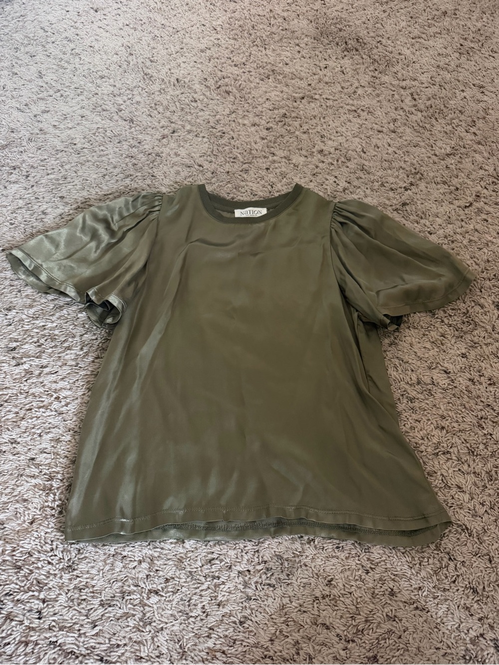 Olive Green Nation Puff Sleeve Satin Blouse - Size XS